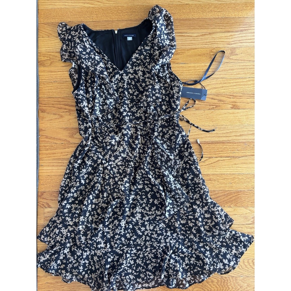 Tommy Hilfiger Size 12 Black  Dress with Tan Floral Print flutter sleeve ruffles